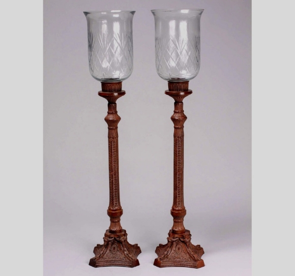 Picture of Brown Patina on Brass Candle Holders Embossed with Etched Glass Shades Set/2  | 7.5"Dx35"H |  Item No. K42501