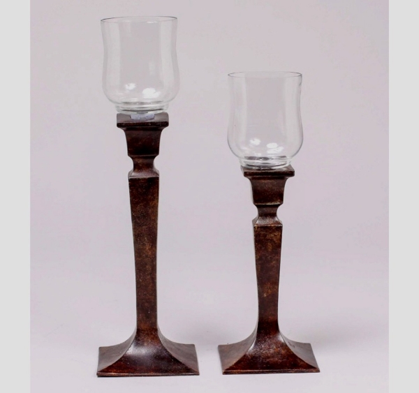 Picture of Bronze Patina on Brass Candle Holders with Glass Peg Votives Set/2  | 11" & 13"H |  Item No. K64506