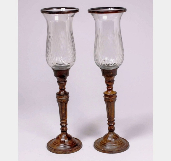 Picture of Bronze Patina on Brass Candle Holders Fluted & Etched Glass Shades Set/2  | 5.5"Dx17.5"H |  Item No. K76049