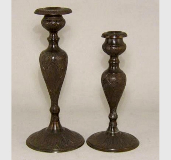 Picture of Bronze Patina on Brass Candle Holders Embossed Set/2  | 9" & 11"H |  Item No. K76051