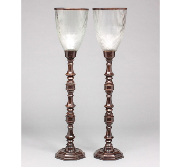 Picture of Bronze Patina on Brass Candle Holders & Fluted Clear Glass Shades Set/2  | 7"Wx32"H |  Item No. K76195