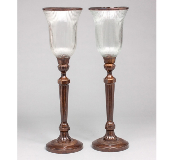 Picture of Bronze Patina on Brass Candle Holders & Fluted Clear Glass Shades Set/2  | 8"Dx30"H |  Item No. K76196
