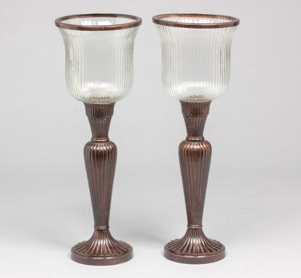 Picture of Bronze Patina on Brass Candle Holders Fluted & Fluted Clear Glass Shades Set/2  | 7"Dx21"H |  Item No. K76198