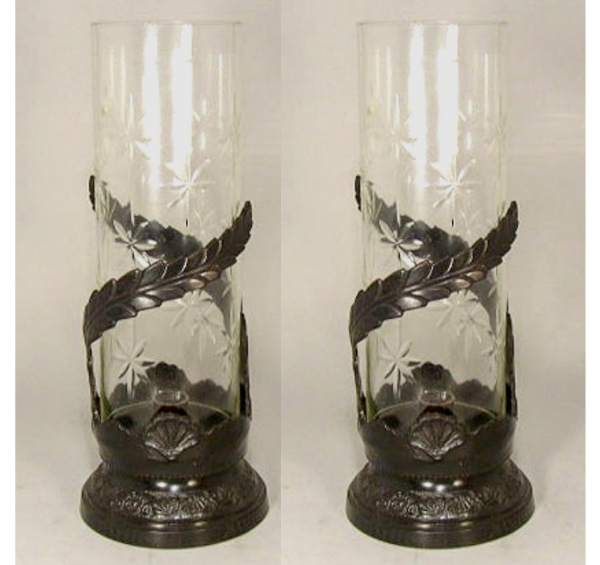Picture of Bronze Finish Candle Holder with Leaf Wrap around Glass Cylinder Shade Set/2 | 5.5"Dx14"H |  Item No. 76507