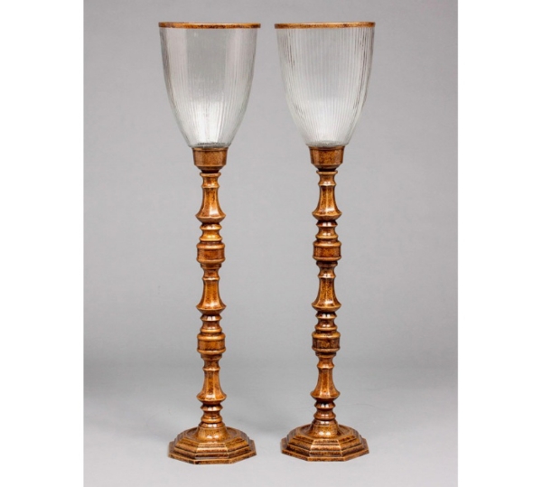Picture of Antique Gold Patina on Brass Candle Holders & Fluted Clear Glass Shades Set/2  | 7"Wx32"H |  Item No. K37195
