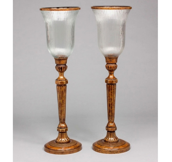 Picture of Antique Gold Patina on Brass Candle Holders & Fluted Clear Glass Shades Set/2  | 8"Dx30"H |  Item No. K37196