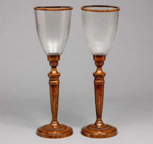 Picture of Antique Gold Patina on Brass Candle Holders & Fluted Clear Glass Shades Set/2  | 7"Wx24"H |  Item No. K37197