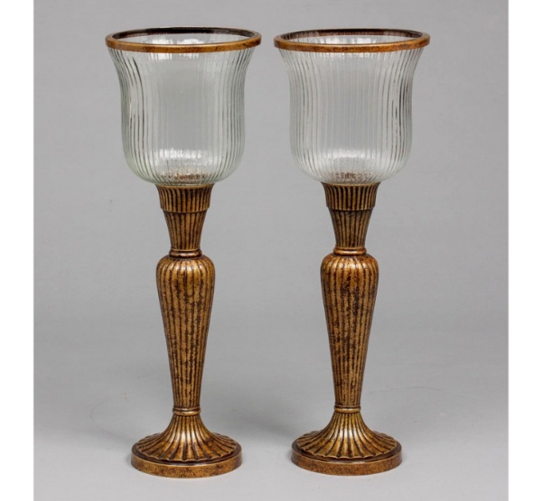 Picture of Antique Gold Patina on Brass Candle Holders Fluted & Fluted Clear Glass Shades Set/2  | 7"Dx21"H |  Item No. K37198