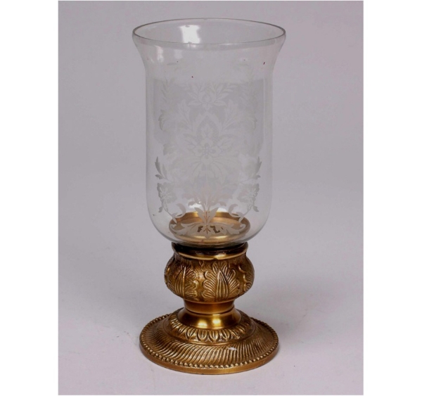 Picture of Antique Gold Patina Finish on Brass  Embossed Candle Holder Round with Etched Glass Shade  | 5.5"Dx12"H |  Item No. K37029