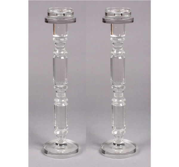 Picture of Crystal Candle Holder Faceted Stem for Pillar or Taper Candle Set/2 | 5.5"x24"H |  Item No. K20223  Top has a crack