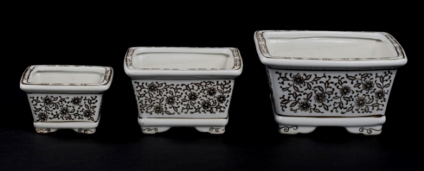 Picture of Brown Floral Print on White Ceramic Planter Square Nested Set/3  | 4.5"-6"-7.5"W |  Item No. 71513
