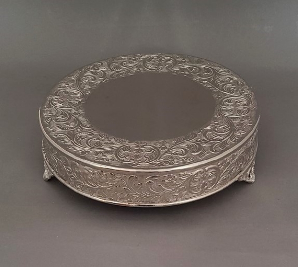 Picture of 16" Nickel Plated Round Embossed Metal Cake Stand| 16" Dia x 4.25" H | Item No. 79717