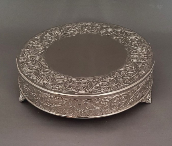 Picture of Nickel Plated on Metal Cake Stand Round Embossed Top Border and Side | 18"Dx4.5"H |  Item No. 79718