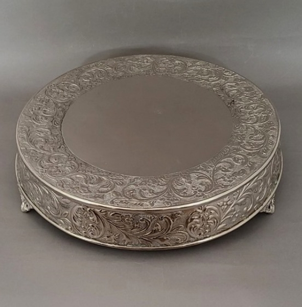 Picture of 21" Nickel Plated Round Embossed Metal Cake Stand| 21" Dia x 5" H | Item No. 79719