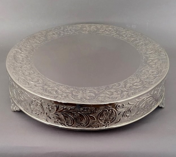 Picture of 24" Nickel Plated Round Embossed Metal Cake Stand| 24" Dia x 6" H | Item No. 79720