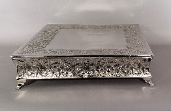 Picture of Nickel Plated on Metal Cake Stand Square Embossed Top Border and Side | 21"Sqx6"H |  Item No. 79723