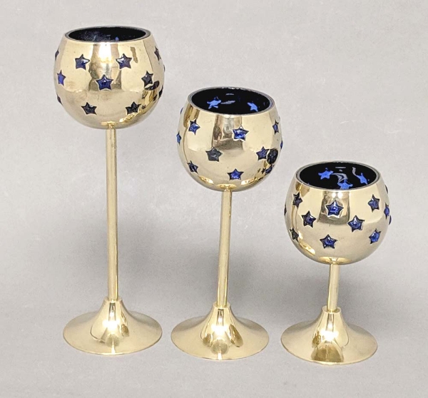 Picture of 3"D X 6-7.5-9"H  Votive Holder Star Cut Brass Ball on Stand Blue Glass Liner Set/3  Item No. 90506S