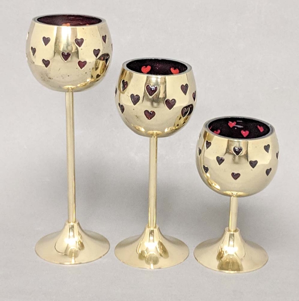 Picture of Set/3 Brass Votive Holder Heart Cutouts with Red Glass Liner | 3"D, 6"-7.5"-9"H| Item No. 90507S