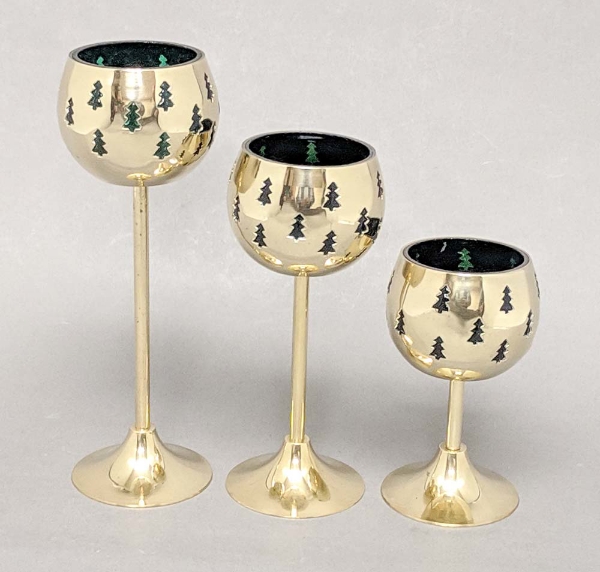 Picture of Set/3 Brass Votive Holder Tree Cutouts with Green Glass Liner | 3"D, 6"-7.5"-9"H| Item No. 90508S