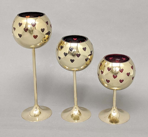 Picture of Set/3 Brass Votive Holder Heart Cutouts with Red Glass Liner | 4"D, 6"-9"-11"H | Item No. 90516S