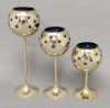 Picture of 4"D X 6-9-11"H  Votive Holder Star Cut Brass Ball on Stand Blue Glass Liner Set/3   Item No. 90515S