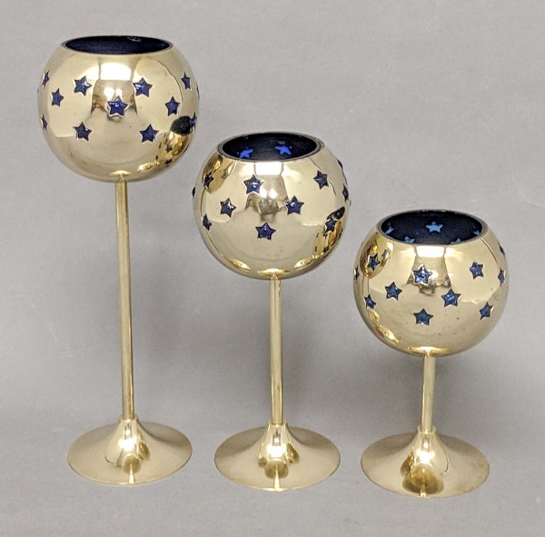 Picture of Set/3 Brass Votive Holder Star Cutouts with Blue Glass Liner | 4"D, 6"-9"-11"H | Item No. 90515S