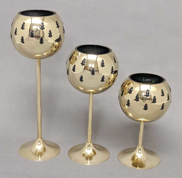 Picture of Set/3 Brass Votive Holder Tree Cutouts with Green Glass Liner | 4"D, 6"-9"-11"H | Item No. 90517S