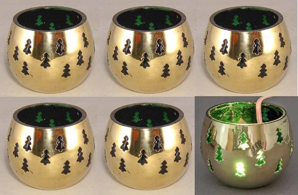 Picture of Set/6 Brass Votive Holder Tree Cutouts with Green Glass Liner | 3"Dx2.5"H | Item No. 90502