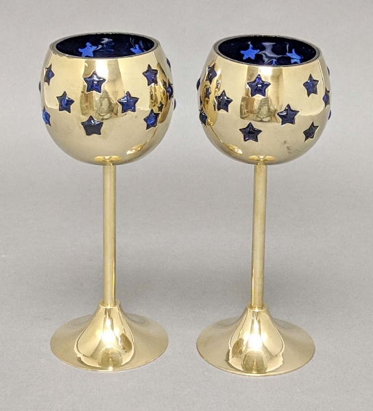 Picture of 3"D x 7.5"H  Votive Holder Perforated Brass Ball on Stand with Blue Glass Liner Set of 2  3"D x 7.5"H  Item No. 90509
