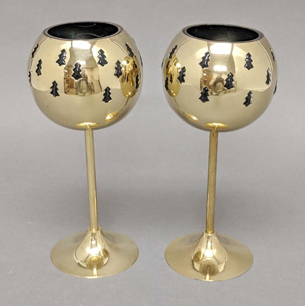 Picture of 4"D x 9"H  Votive Holder Perforated Brass Ball on Stand with Green Glass Liner Set of 2  Item No. 90520