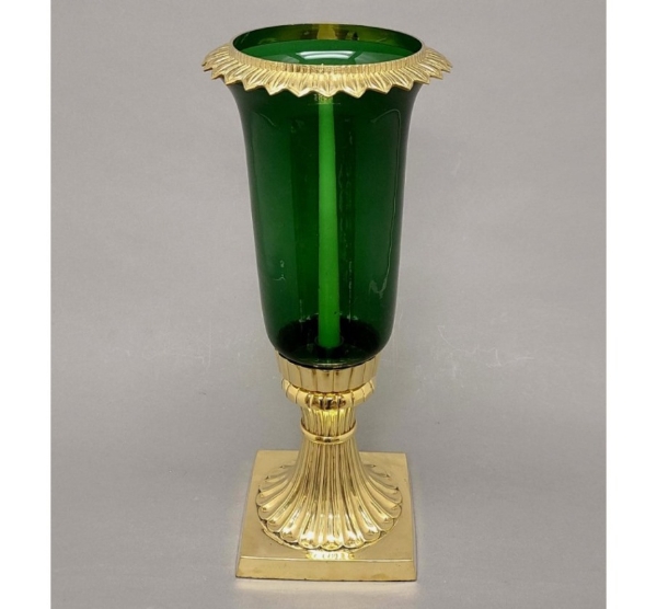 Picture of Brass Square Base Tall Candle Holder with Clear Glass Shade | 7.5"D x 19.0"H | #19015GG