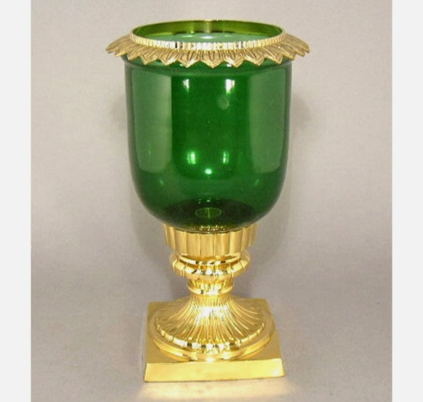 Picture of Brass Square Base Short Candle Holder with Clear Green Glass Shade | 7.5"D x 16.0"H | #19014GG