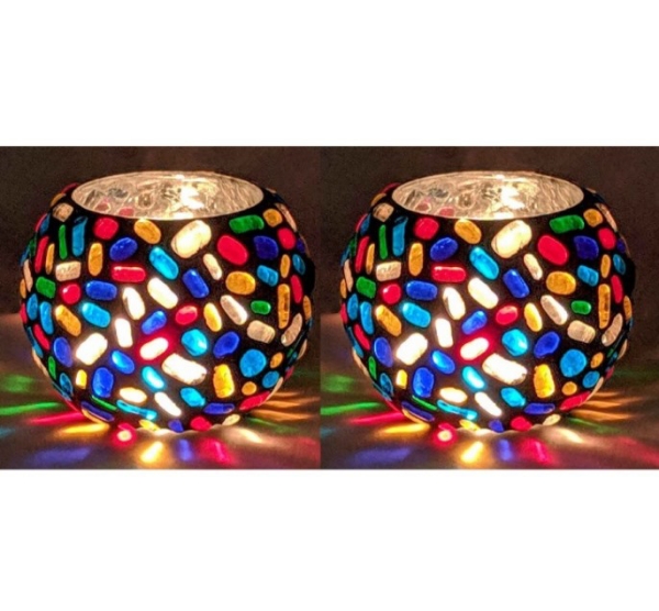 Picture of Multi Color Beads are Glued on Clear Glass Ball Votive  Set /2  |  5"D x 4"H | Item No. 90351L