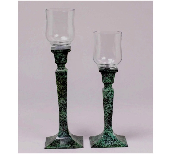Picture of Verdigris Patina on Brass Candle Holders with Glass Peg Votives Set/2  | 11" & 13"H |  Item No. K18506
