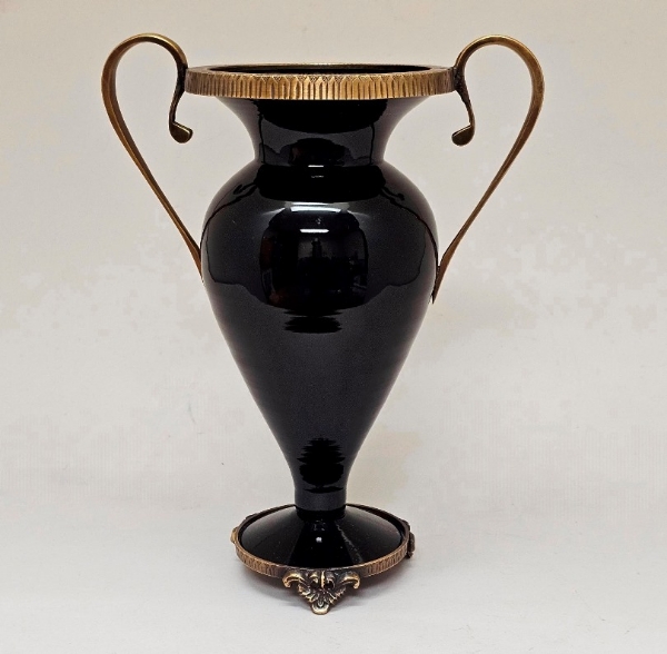 Picture of Vase Black Glass with Metal Handles on Top and Footed Ring on Bottom |6"D x 12"H |  Item No. K69133
