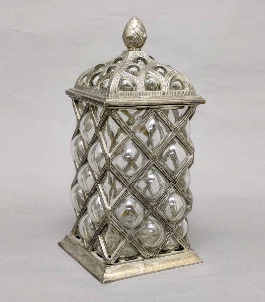 Picture of Jar Square and Cover Silver Plated on Cast Brass  Glass Liner   | 5.5"x12"H |  Item No. K79070X  SOLD AS IS