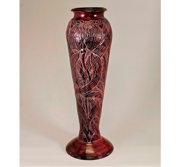 Picture of Brown Patina on Brass Vase Embossed Iris Flowers Centerpiece | 6"Dx21"H | Item No. 42226