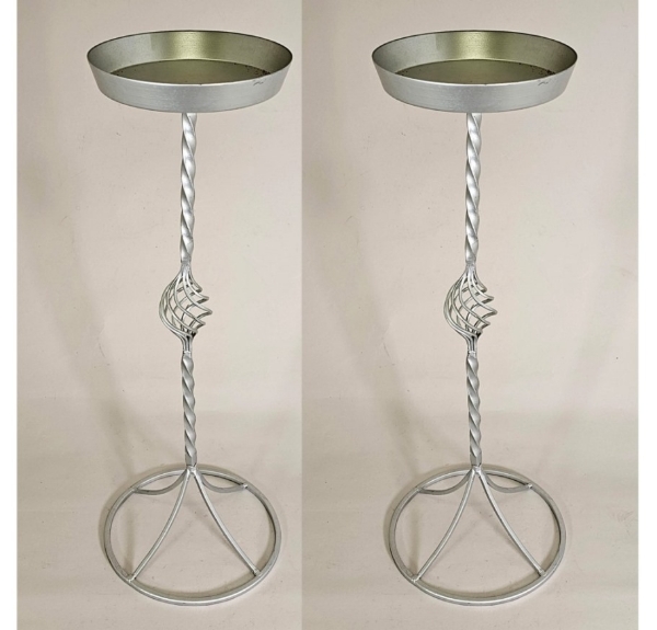 Picture of Wrought Iron Floral Stand w/ Tray Painted Silver Set/2 | 10"D x 26"H | Item No. 11751