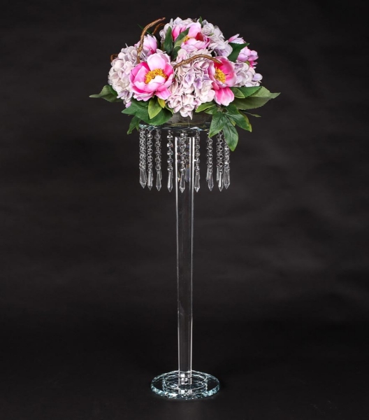 Picture of Crystal Floral Stand w/ Clear Stem, Round Top, and Crystal Bead Strands | 10"D x 29.5" H | Item No. 20246