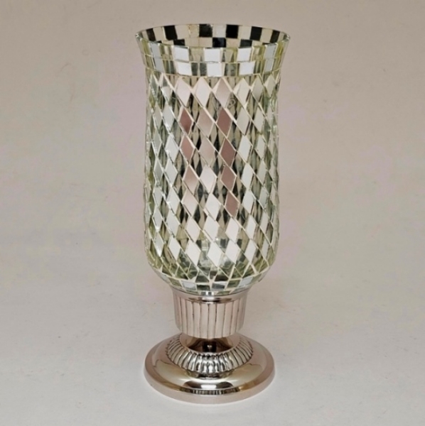 Picture of Nickle Plated on Brass Candle Holder & Mosaic Shade  | 4"Dx10.5"H |  Item No. K20601