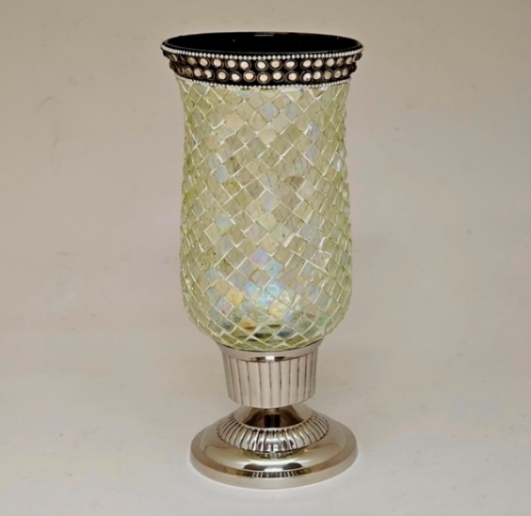 Picture of Nickle Plated on Brass Candle Holder & Mosaic Shade  | 4"Dx10.5"H |  Item No. K20602  