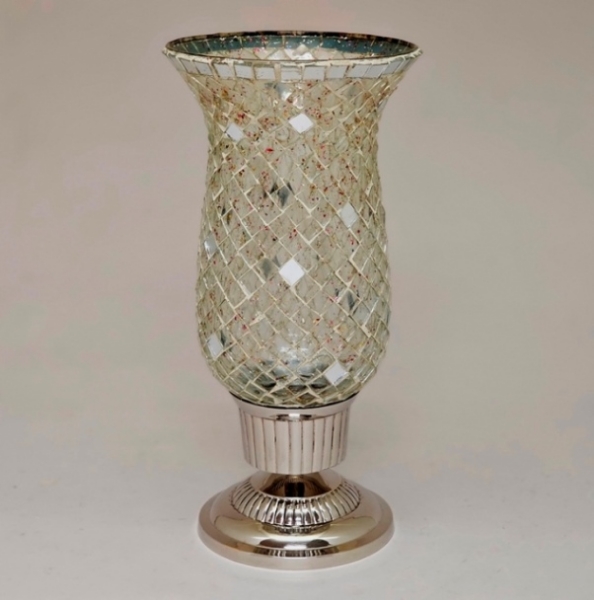 Picture of Nickle Plated on Brass Candle Holder & Mosaic Shade  | 5.5"Dx10.5"H |  Item No. K20604  