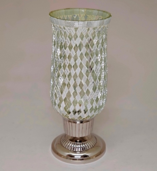 Picture of Nickle Plated on Brass Candle Holder & Mosaic Shade  | 4"Dx10.5"H |  Item No. K20605  