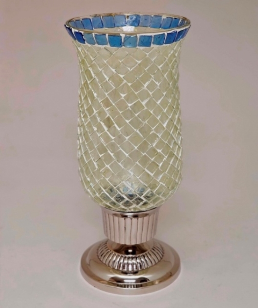 Picture of Nickle Plated on Brass Candle Holder & Mosaic Shade  | 4"Dx10.5"H |  Item No. K20608  