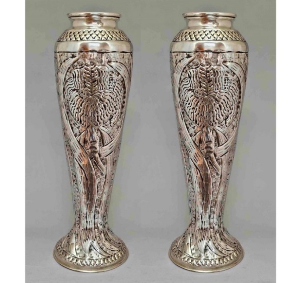 Picture of Silver Plated on Brass  Vase Embossed Set/2  | 7"Dx21"H |  Item No. K79226