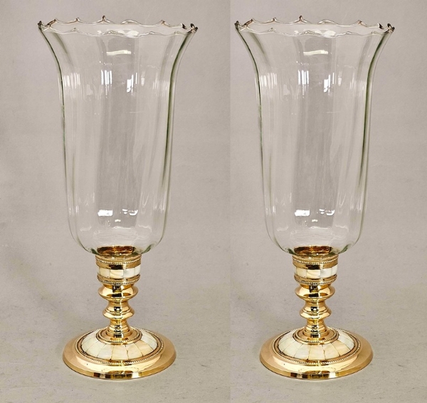 Picture of Brass Candle Holder Mother Of Pearl Inlay with Clear Glass Shade Set/2  | 6"Dx14"H |  Item No. 99554