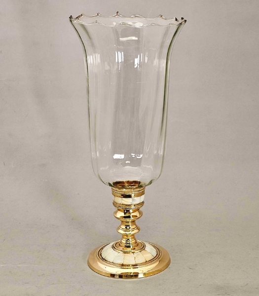 Picture of Brass Candle Holder Mother Of Pearl Inlay with Clear Glass Shade   | 6"Dx14"H |  Item No. K99554