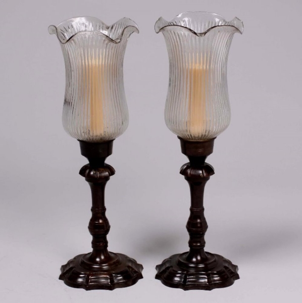 Picture of Bronze Patina on Brass Candle Holders Fluted & Fluted Clear Glass Shades Set/2  | 5.5"Dx16"H |  Item No. 76522