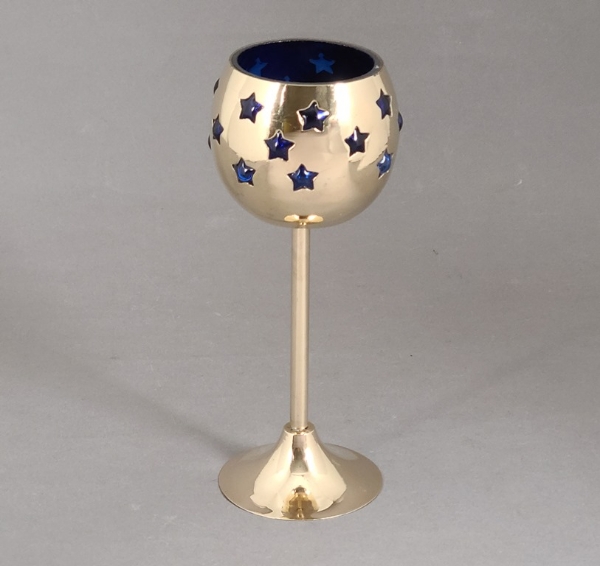 Picture of Set/4 Brass Votive Holder Star Cutouts with Blue Glass Liner | 3"Dx7.5"H | Item No. 90509