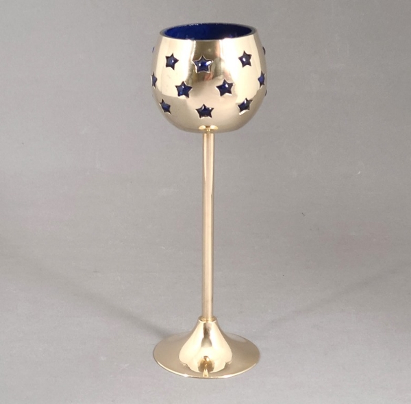 Picture of Set/4 Brass Votive Holder Star Cutouts with Blue Glass Liner | 3"Dx9"H | Item No. 90512